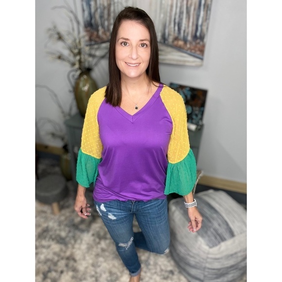 Mardi Gras Color Block Swiss Dot Flutter Bell Sleeves V Neck Tie Bottom 0724 - Picture 15 of 17